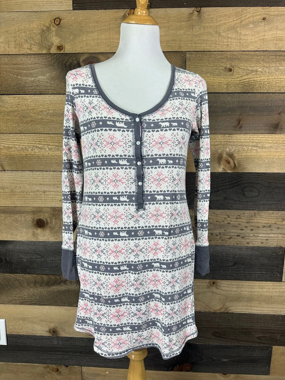 VICTORIA’S SECRET Fair Isle Waffle Knit Henley Night Gown Pajamas Size M EUC